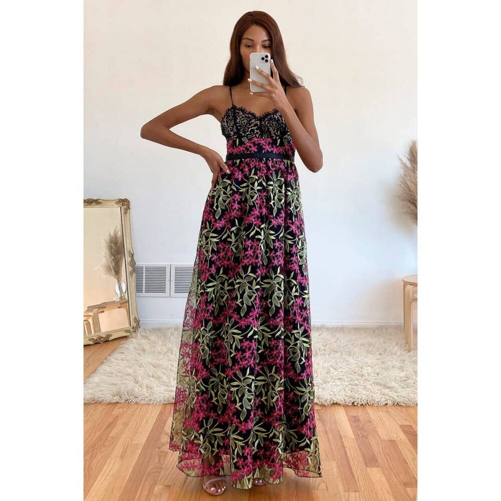 NWOT Lulu's Divine Delight Black Floral Embroidered Maxi Dress Size XS